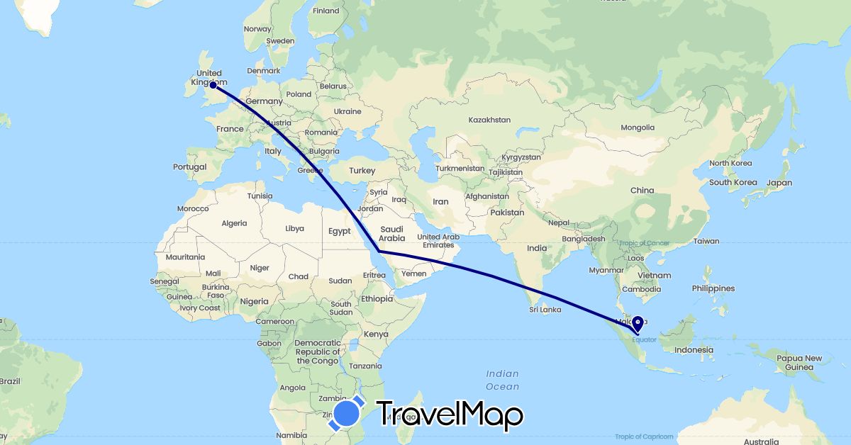 TravelMap itinerary: driving in United Kingdom, Malaysia, Saudi Arabia, Singapore (Asia, Europe)